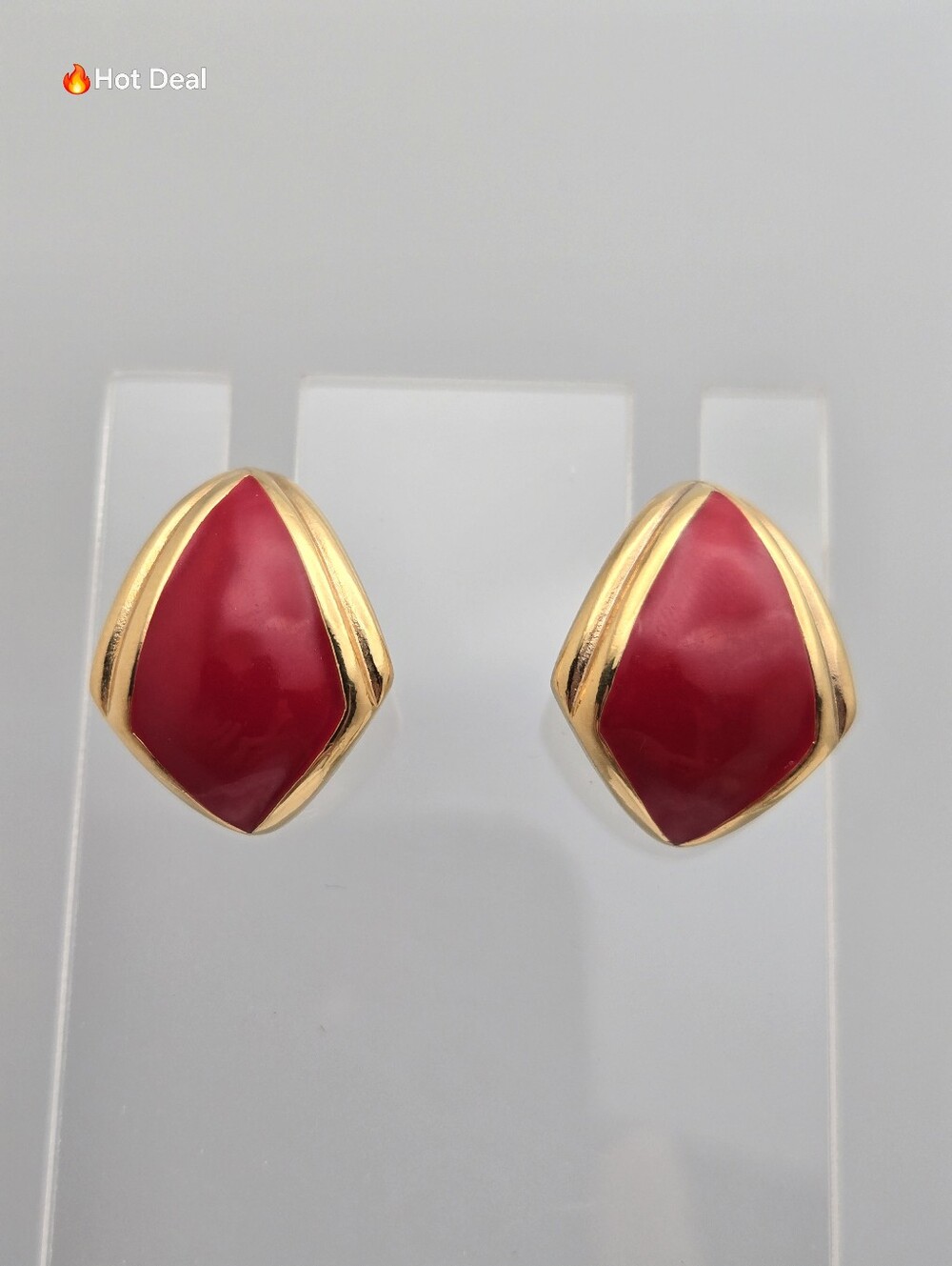 Monet Red Enamel Gold Tone Half Hoop Puffy Teardrop Stud Earrings 1" Monet